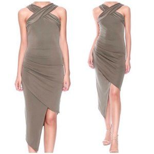 New Mystic Twisted Halter Asymmetric Wrap Bodycon Dress Taupe Size Medium